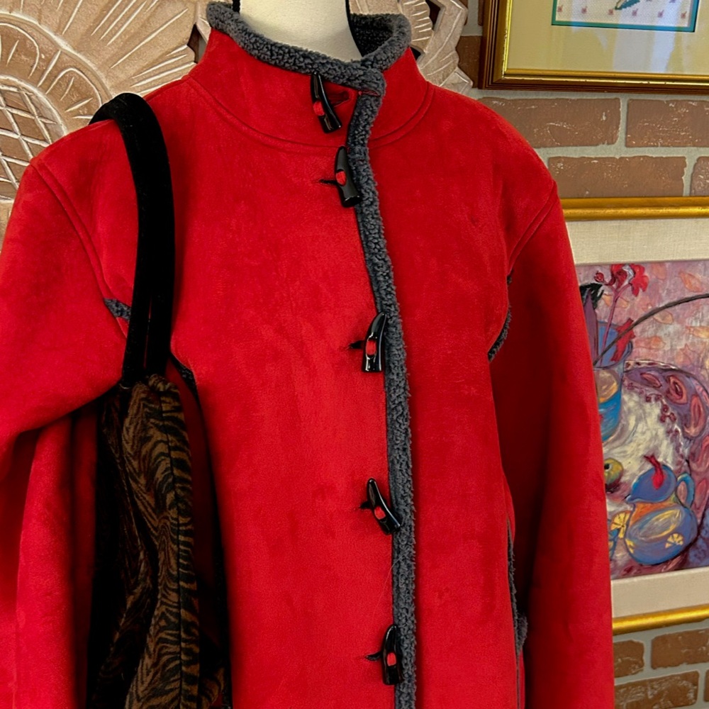 Red Toggle Coat with Gray Trim